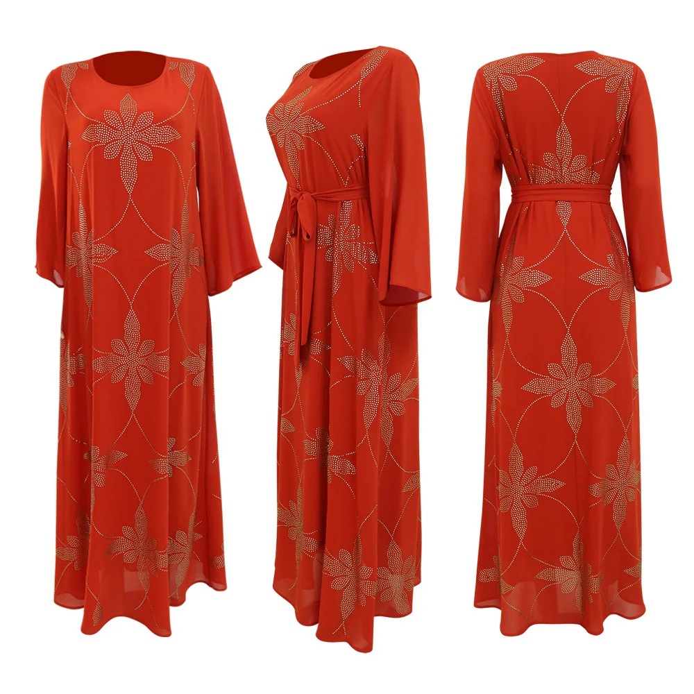 Turkish Kaftan Caftan For Women Muslim Snowflake Pattern Thickened Chiffon Gary Belt Dress Women Abaye With Long Sleeves