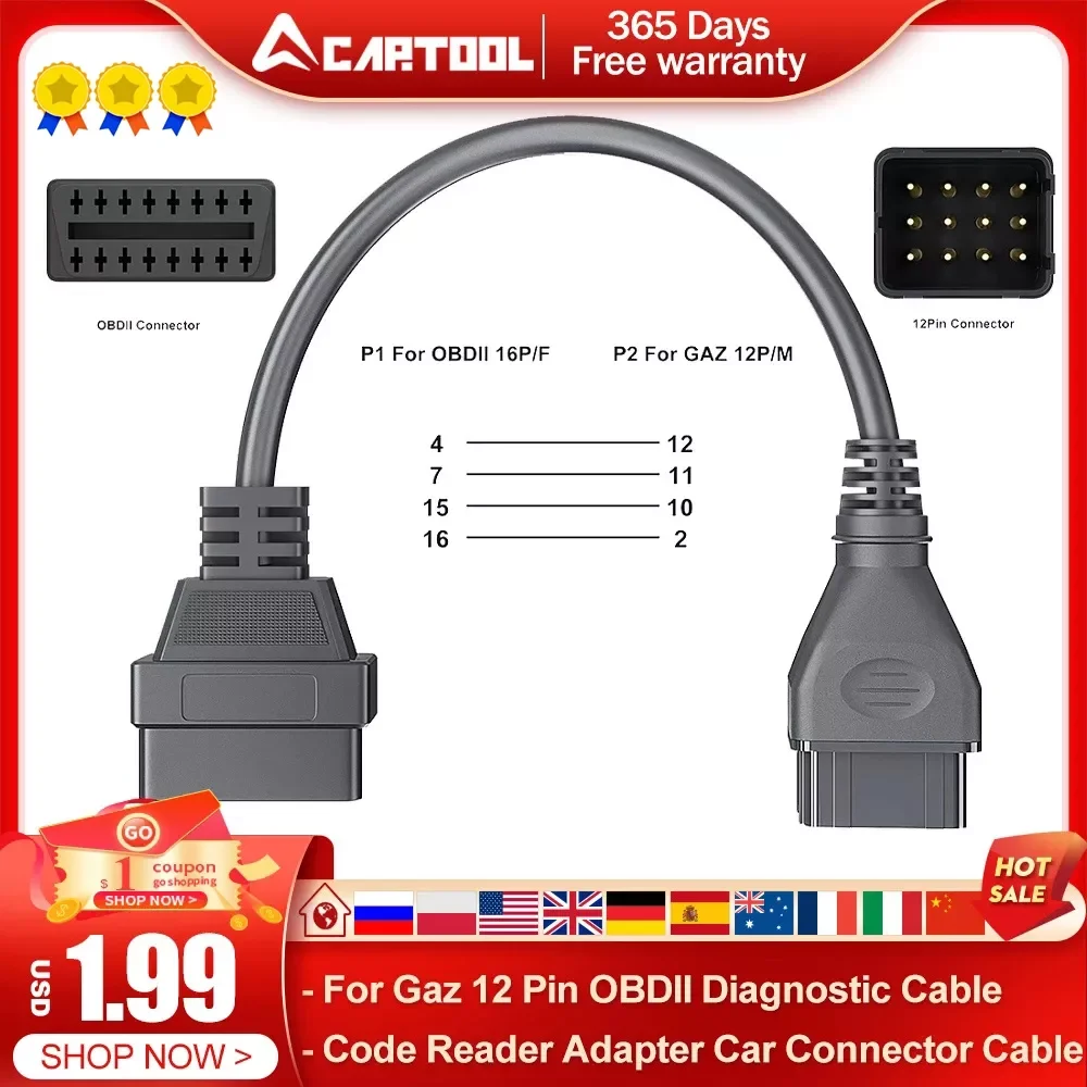 

NEW2023 OBD2 Cable For Gaz 12 Pin OBDII Diagnostic Tool Scanner Code Reader Adapter Car Connector Cable For Gaz 12Pin Adapter Fo