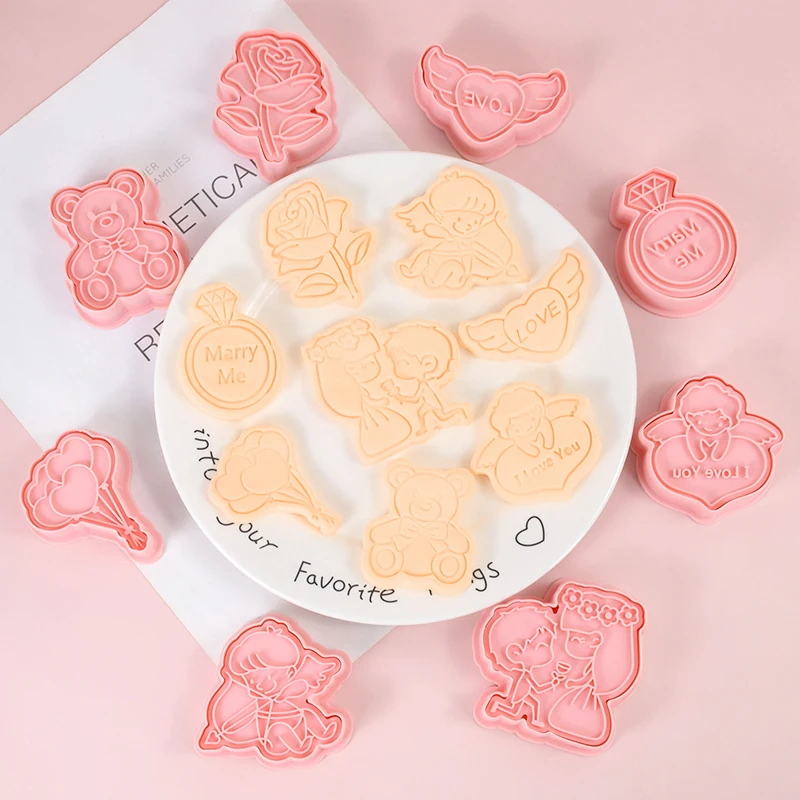 

8pcs Valentines Day Cookie Mold Love Heart Shape Biscuit Fondant Embosser Stamp For Wedding Party Cake Decorating Baking Tools