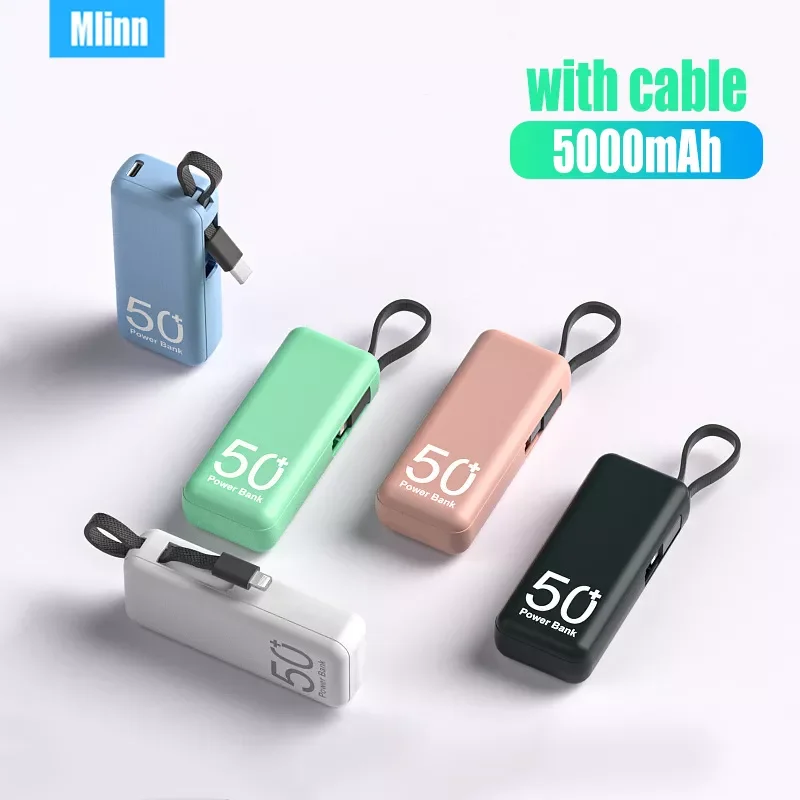 

NEW 5000mAh Portable Power Bank Built in Cable External Spare Battery Pack Mini Powerbank For iPhone 14 13 Samsung S22 Xiaomi 12