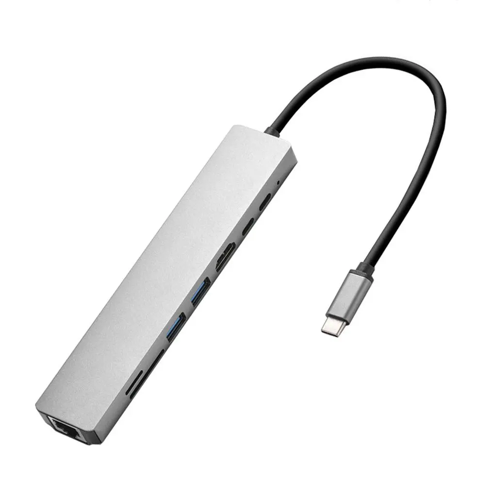 

1 Pcs 8In1 Usb-C 3.1 To Type-C Usb 3.0 Hub HDMI-compatible Rj45 Ethernet Micro Security Digital Card Tf Otg Adapter