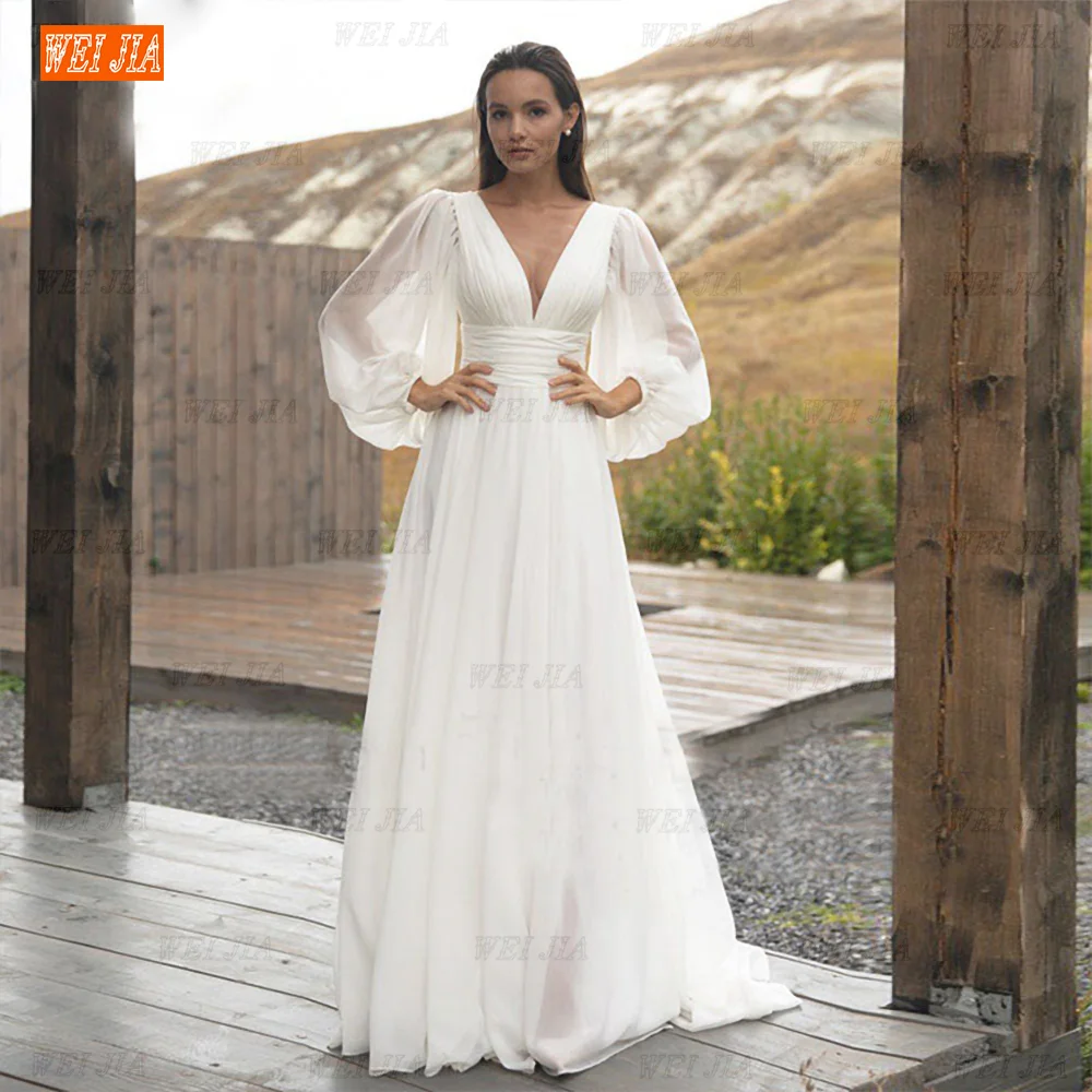 

Простое шифоновое свадебное платье с длинными рукавами-фонариками, а-силуэт, с открытой спиной, пляжное платье невесты, свадебное платье со ...