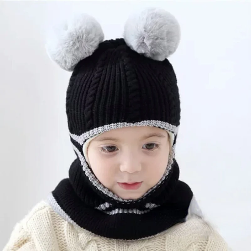 

Шапочки детская шапка с кольцом и помпоном зимние детские шапки вязаная Милая шапка для маленьких девочек и мальчиков теплые флисовые подкладки шапки с ушками для детей