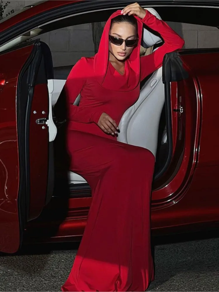 

RDMQ 2023 Solid Pure Color Hooded Long Sleeves Maxi Dress Wholesale Birthday Party Clubwear 2023 Summer Autumn For Women Bodycon