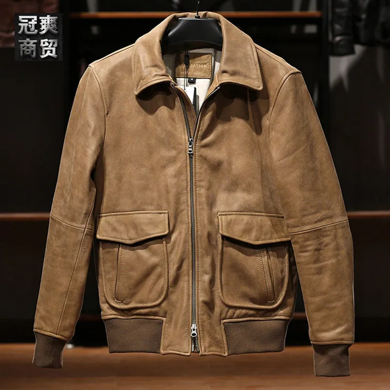 

2023 New high-end fashion do old head layer cattle skin men's handsome jacket lapel A1 empty flight suit leather coat