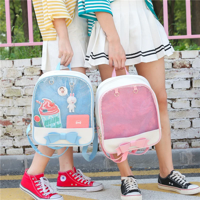 

Women Ita Bag Backpack Transparent Bagpack Lovely Bow PU Backpacks for Teenage Girls School Bags Mochila