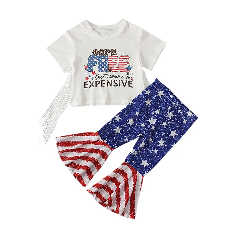 

Kids Girls Clothes Independence Day Costume Summer Short Sleeve T-Shirt Tops Star Print Flare Pants Casual Suit