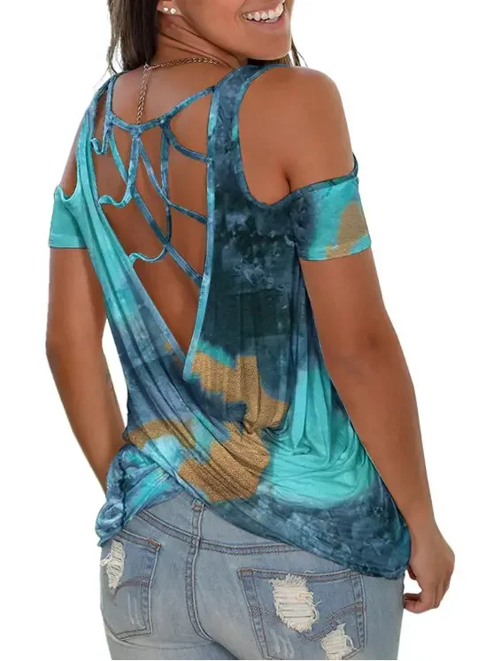 

Marble Print Twist Backless Cold Shoulder Top Women Summer Fashion