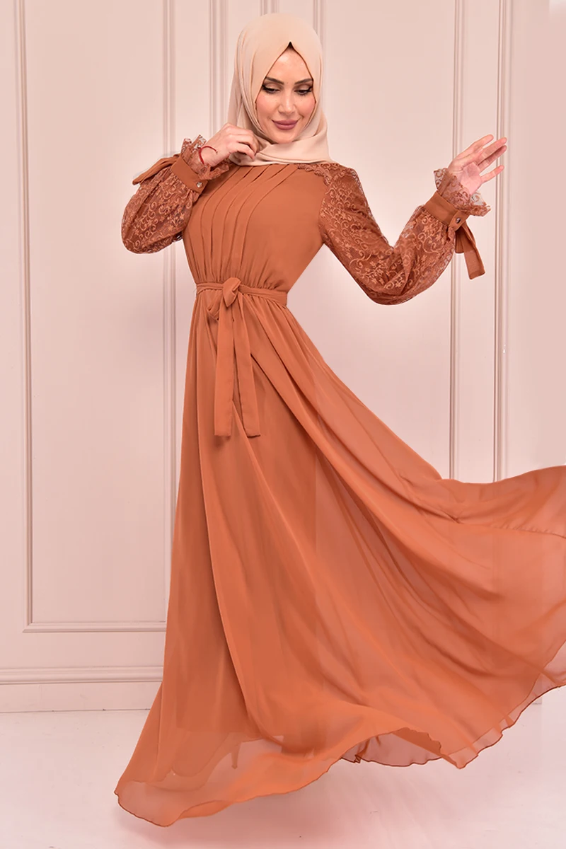 

Belt Lace Detail Chiffon Dress Taba NEV14846