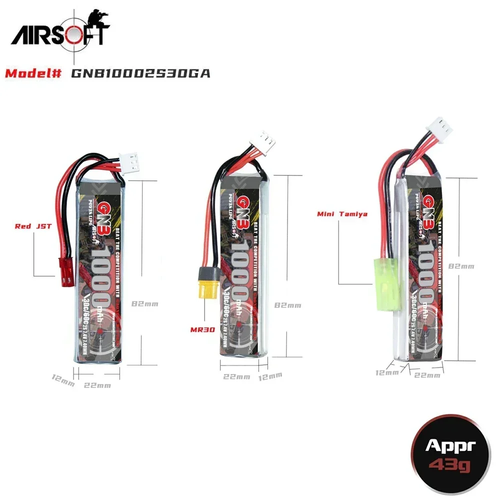 2PCS GNB 7.4V 1000mAh 2S 30C/60C Lipo Battery With JST/MR30/Mini Tamiya Plug For Electric Water Gun RC Toy Airsoft Parts