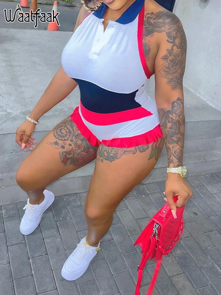 

Waatfaak Sleeveless Tank Playsuit Backless Sexy Patch Summer Party Bodycon Y2K Shorts Jumpsuit Fashion High Waist 2000S Outfit