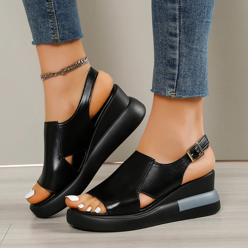 

Summer Wedge Shoes for Women Sandals Solid Color Open Toe High Heels Casual Ladies Buckle Strap Fashion Female Sandalias Mujer