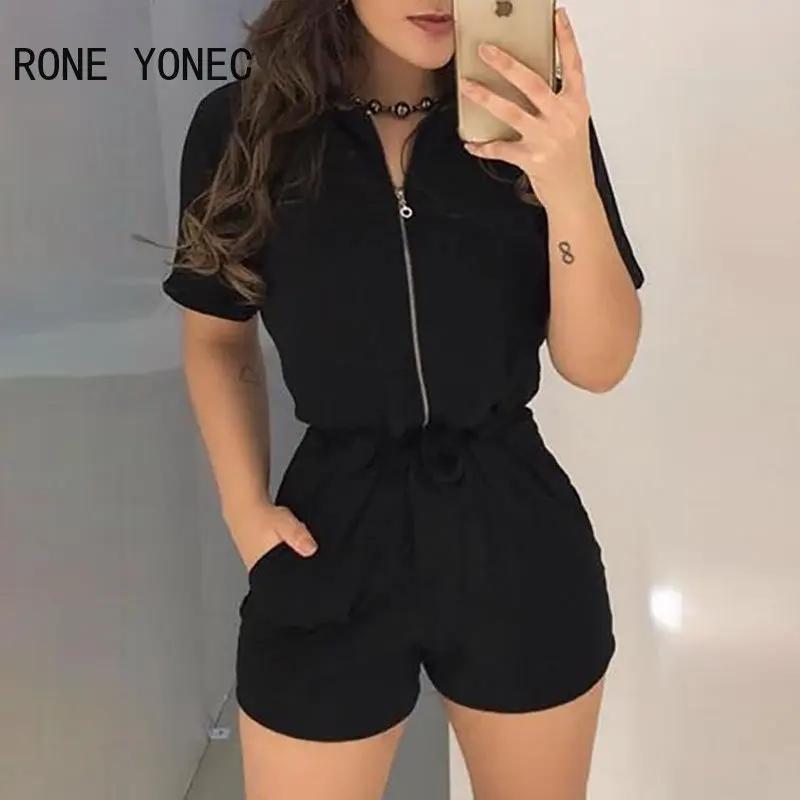 

2023 Women Casual Solid Zipper Short Sleeves Turn Down Collar with Belts Black Rompers