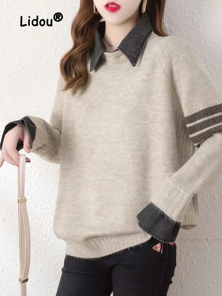 

2022 Spring Autumn New All-match Two Fake Pieces Sweaters Women Long Sleeve Patchwork Loose Knitting Comfortable Fashion Top