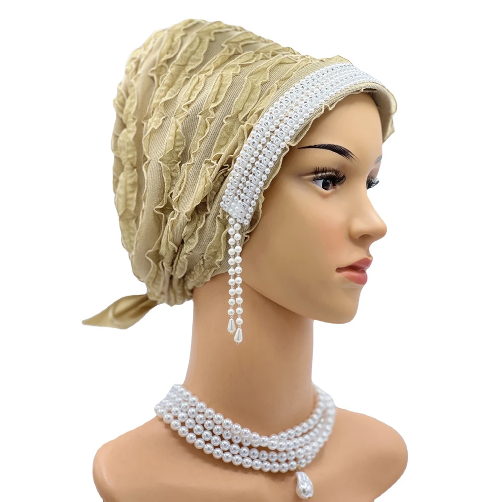

Elegant Turban Woman Bone Hijab Crinkle Integrated Hat Pearl Products Indonesia Head Scarves For Women Niqab Female Hair Clothes