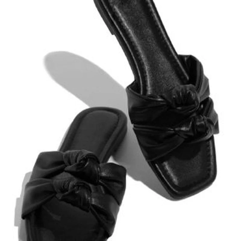 

2022 New Women's Slippers Summer Bow Luxury Square Toe Flat Heel Women Plus Size Outdoor Beach Comfort Sandals 36-43
