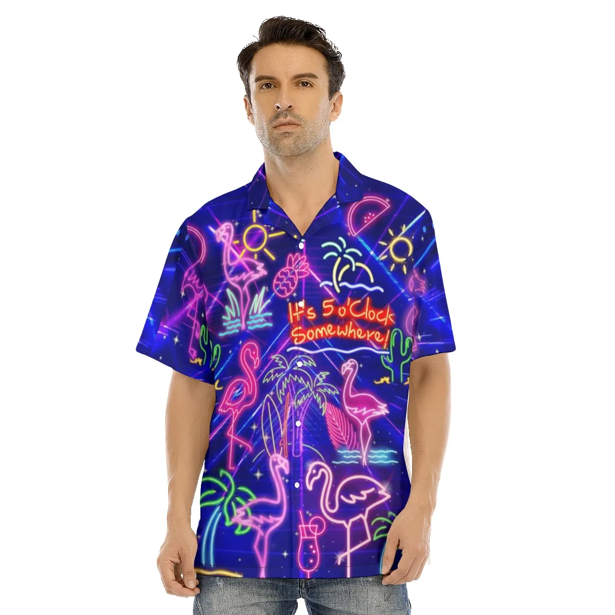 

New Men Shirts Neon Light Flamingo 3D Print Hawaii Summer Vacation Cool Tops Cuban Collar US Size for Men Party Wear