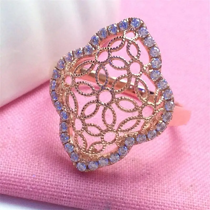 

Pure Russian 585 Purple Gold Plated 14K Rose Gold Korean Style Hollow Flower Zircon Ring Exquisite Heavy Industry