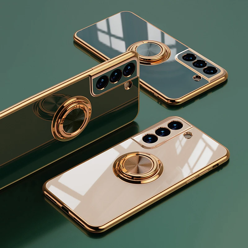 Plating Silicone Case For Samsung Galaxy S21 S22 Ultra S20 FE S10 Plus S Note 20 10 9 A53 A52 A52S 5G Magnetic Cover Ring Holder