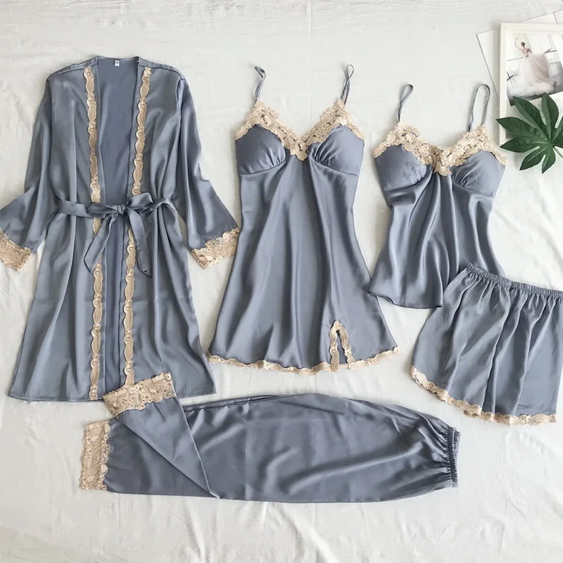 

Puimentiua 5 Pcs Women Sexy Pajama Set Floral Lace Silk Robe Set Female Solid Color Nightgown Camisole V-Neck Summer Pyjama Suit