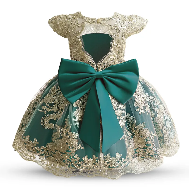 Flower Elegant Kids Princess Dresses for Girls Embroidery Lace Baby 1st Birthday Party Ball Gown 2022 New Green Christmas Dress