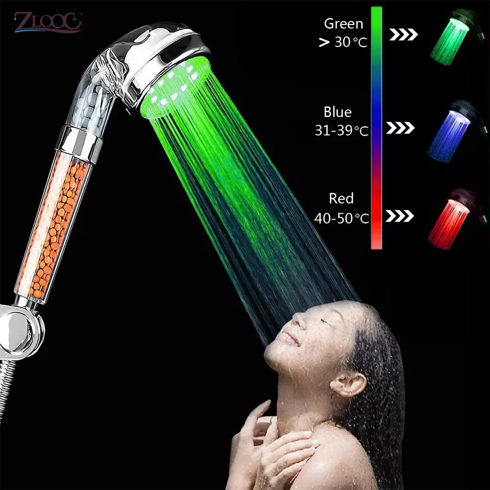

Zloog Bathroom 3/7 Color Changing LED Shower Head Temperature Sensor Handheld Mineral Anion Spa High Pressure Filter Shower Head