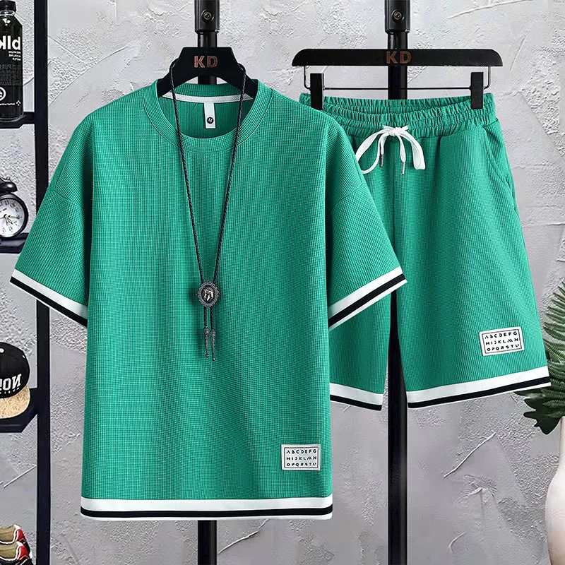 Waffle Casual Suit Men's Summer Ice Silk Short Sleeve T-shirt Men's Suit with Handsome Large Size Sports Suit