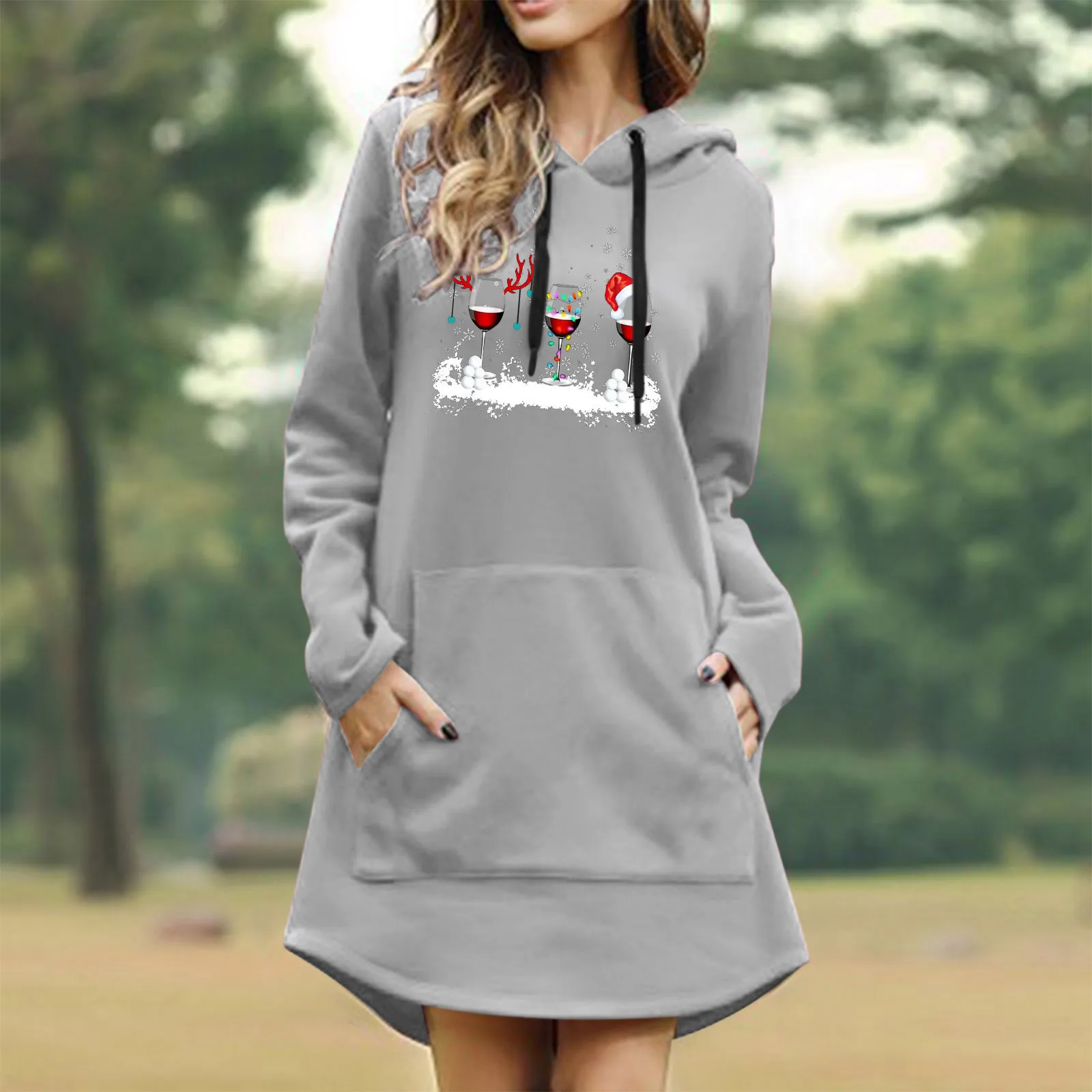 

Women Christmas Snowflake Glass Printing Drawstring Hooded Christmas Pocket Long Sleeve Dress Sweatshirts Fuzzy Fleece Pullover