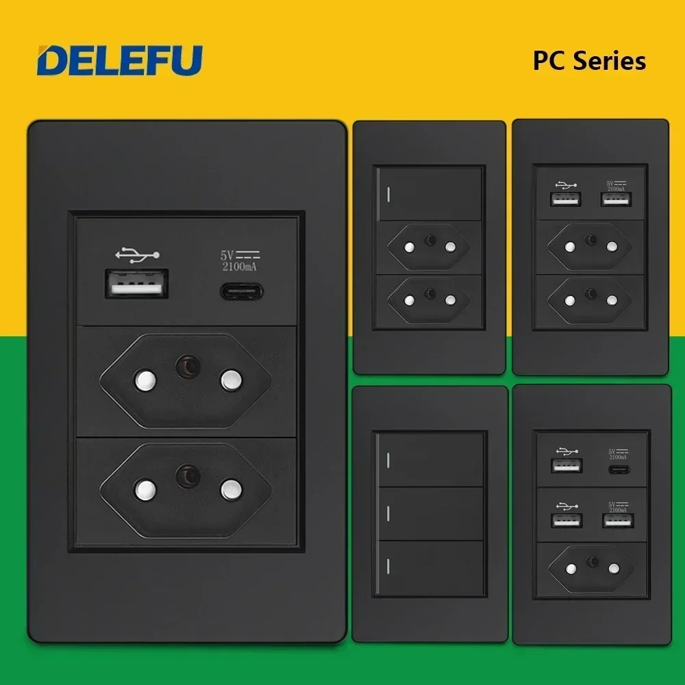 DELEFU Painel PC Fireproof Duplo USB Tipo C Carga Brasil Tomada Padrão Parede Preta Interruptor De Luz De Alimentação Elétrica 10A 20A paralelos Carga rápida 20W satélite TV Cat5 Cat6 telefone