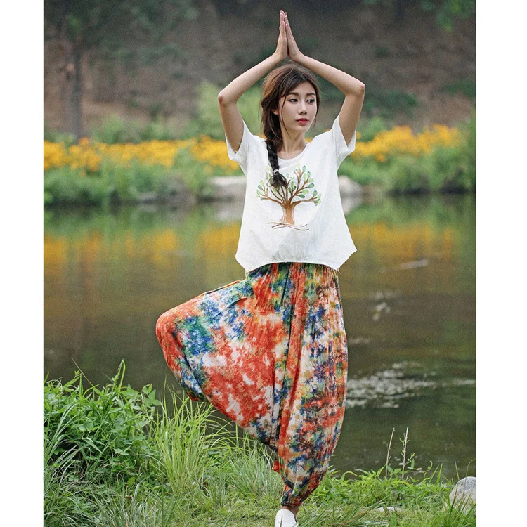 

Cotton Linen Women Yoga Pants Baggys Printed Harem Hippie Wide Leg Bloomers Travel Jogger Casual Fitness Workout Pant Sweatpants