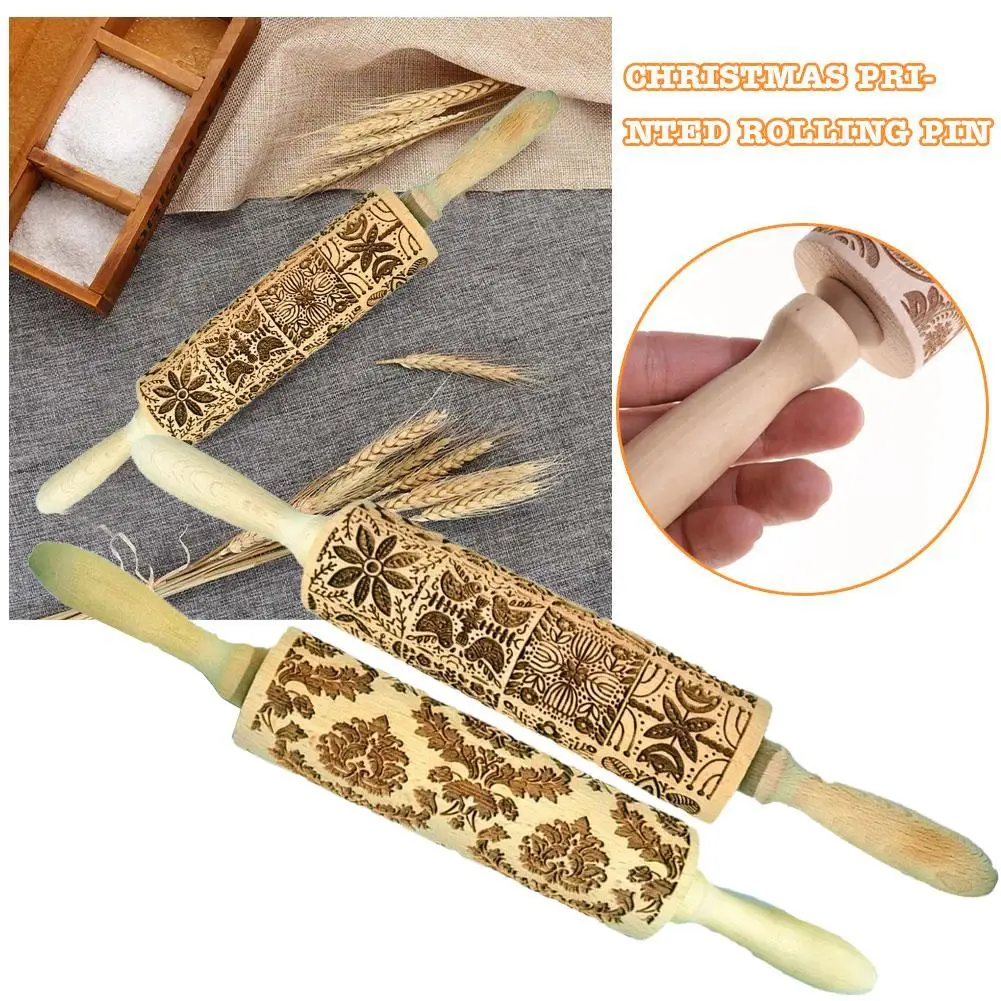 

Christmas Embossed Rolling Pin Wood Carved Cookies Roller Engraved Fondant Printed Biscuit Gifts Dough Holiday Baking Craft J9W4