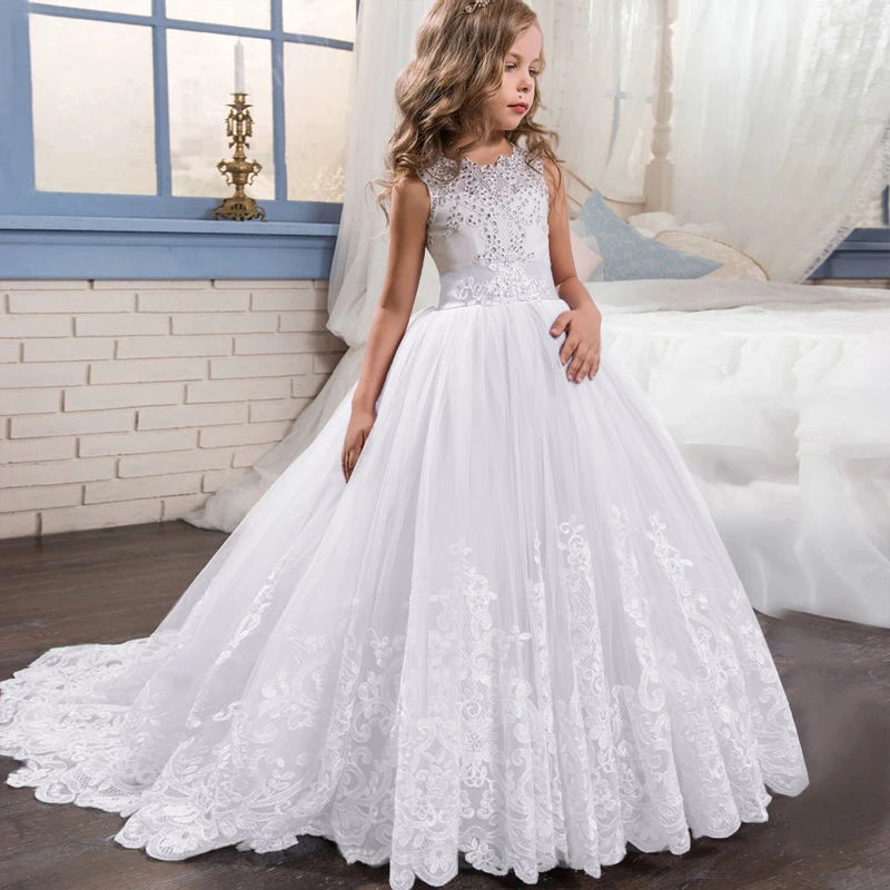 

2022 Winter White First Bridesmaid Dress Girl Kids Dresses For Girls Children Pageant Party Wedding Princess Dress 3-14 Years