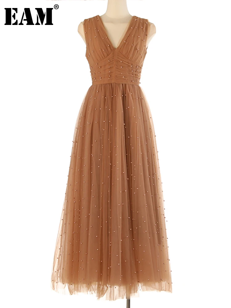 

[EAM] Women Light Brown Mesh Nailed Elegant Long Dress New V-Neck Sleeveless Loose Fit Fashion Tide Spring Summer 2023 1DF8500