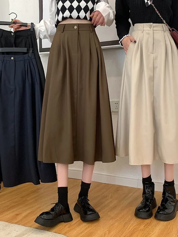 

Women Solid Color A- Line Skirt High Waist Elastic Waist Hip Hop Harajuku All-Match Korean Style Streetwear Skirts New