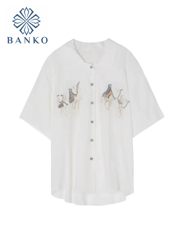 

Short Sleeve V-neck Shirt Women French Fashion Vintage Embroidered Single Breasted Polo Casual All-Match Baggy Blouse Mujer New