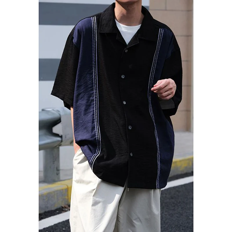 

Summer Vintage Spliced Short Sleeve Men V Neck Shirts Loose Hit Color Embroidery Print Fashion Harajuku Oversized Clothing Black