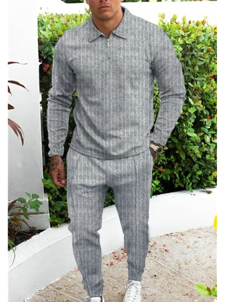 Spring and Autumn men's suit series solid color lapel long sleeve polo shirt + pants 2 pieces street pleated casual fashion suit