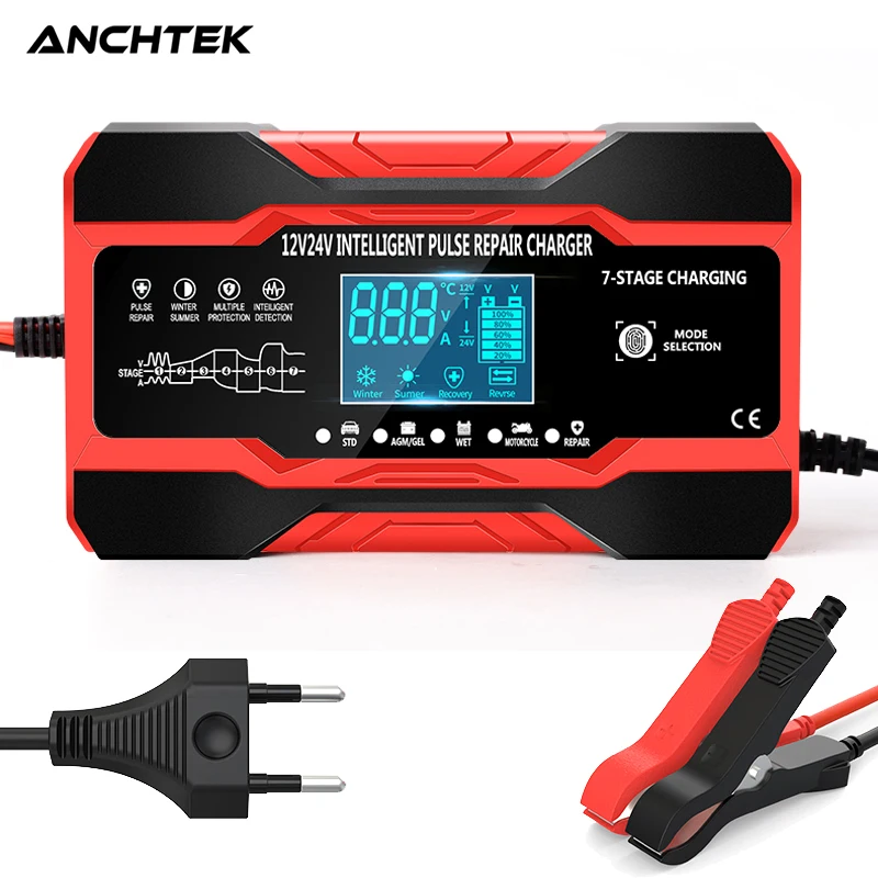 

Anchtek 12V 10A 24V 5A Car Battery Charger Battery Digital Display Charger Power Puls Repair Chargers For AGM GEL WET Lead Acid
