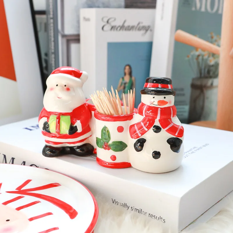 

Christmas Table Decoration Santa Claus Snowman Painted Ceramic Tooth Holder Toothpick Box
