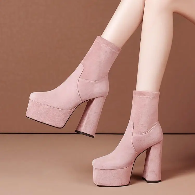 

2022 High Heels Women Boots Female Thick Platform Shoes Flock Ankle Boots Concise Solid Women Shoes Pink Black Autumn Winter