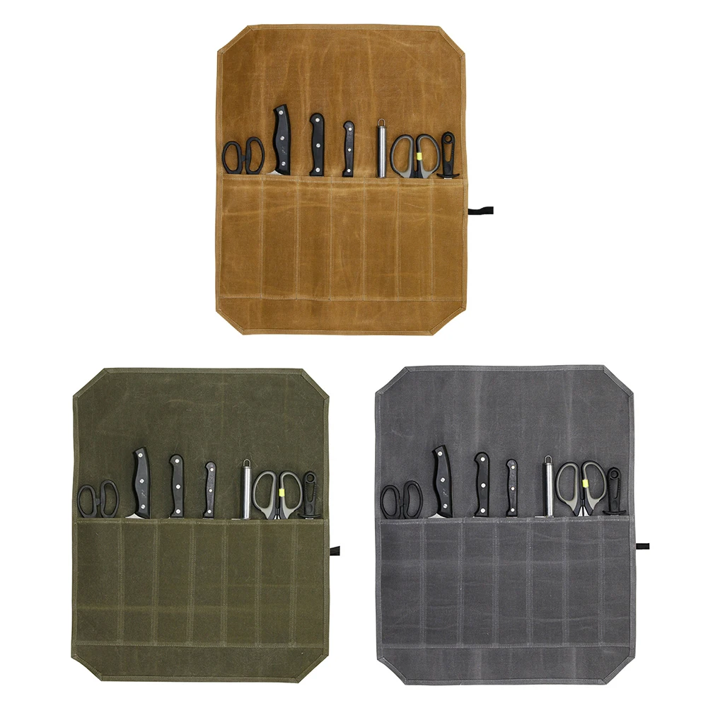 

Waxed Canvas Cutlery Knives Holders Portable Outdoor Camping BBQ Picnic Roll Bag 7 Pockets Carry Case Kitchen Tools