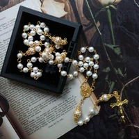 religious pearl necklace vintage flower receptacle rosary benedict cross necklace holy bishop women and men necklace jewelry