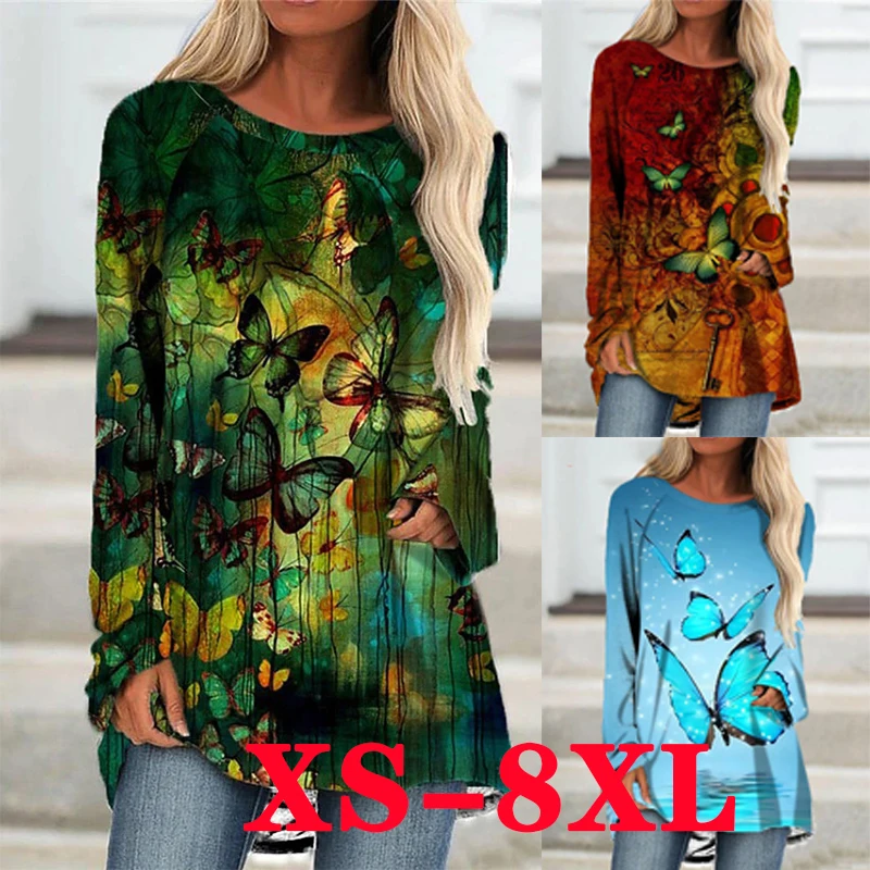 

BlusWanitaLenganPanjangMotifKupu-kupuBlusWanitaPuloverLeherBulatKasualBlusWanitaUkuranPlusLonggarXS-8XL