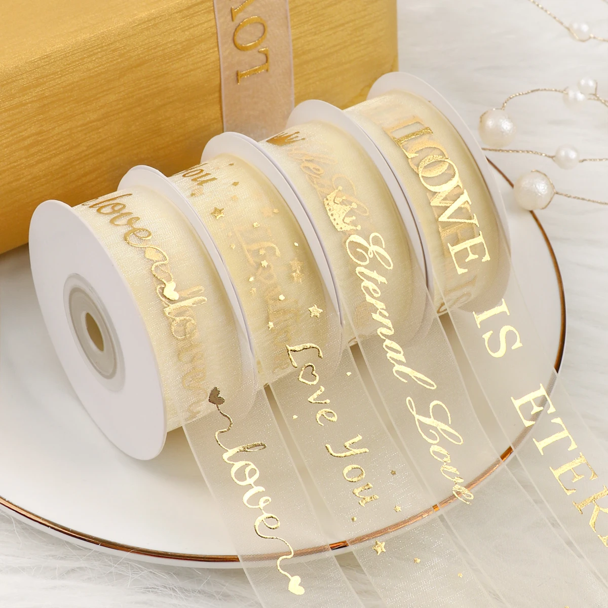 White gilded ribbon, transparent gold ribbon, gauze ribbon printed with blessings, used for birthday gifts, holiday parties