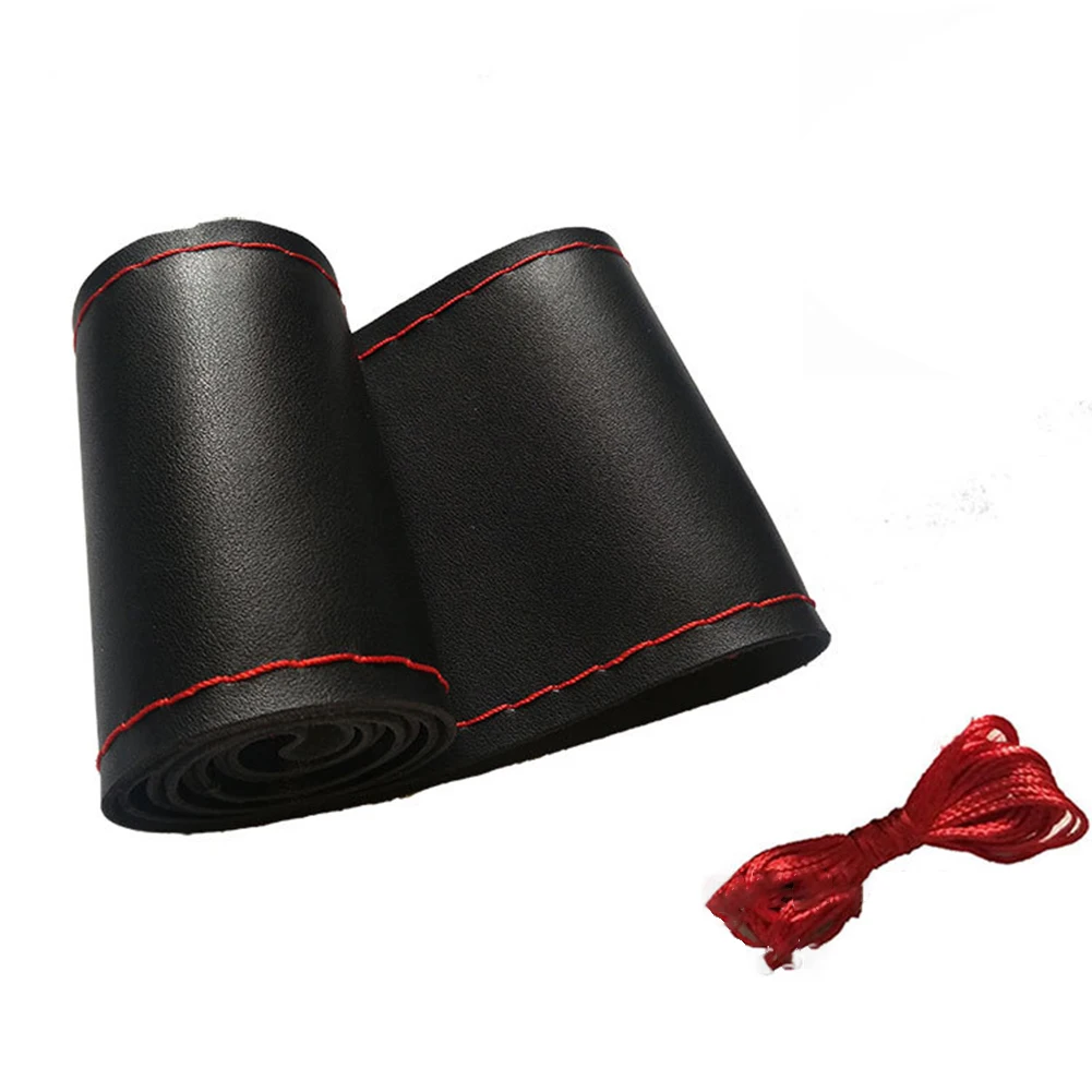 

37-38cm DIY Car Steering Wheel Cover With Needles Thread Black/Red Leather Interior Parts Steering Covers Equippments Durable