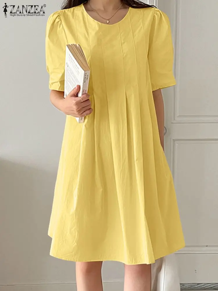 

ZANZEA Autumn Women Solid Color Dress Long Sleeve O-Neck Kaftan Vestidos Elegant Casual Vintage Holiday Midi Sundress Work Robe