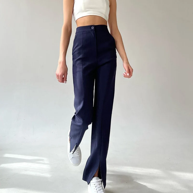 

Брюки женские прямые однотонные с высокой талией, модные офисные штаны с разрезом, повседневные облегающие брюки темно-синего цвета, лето 25963