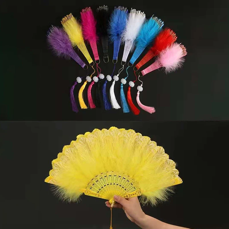 

Lolita Feather Folding Fan Japanese Sweet Fairy Girl Dark Gothic Court Dance Hand Fan with Pendant Gift Wedding Party Decoration