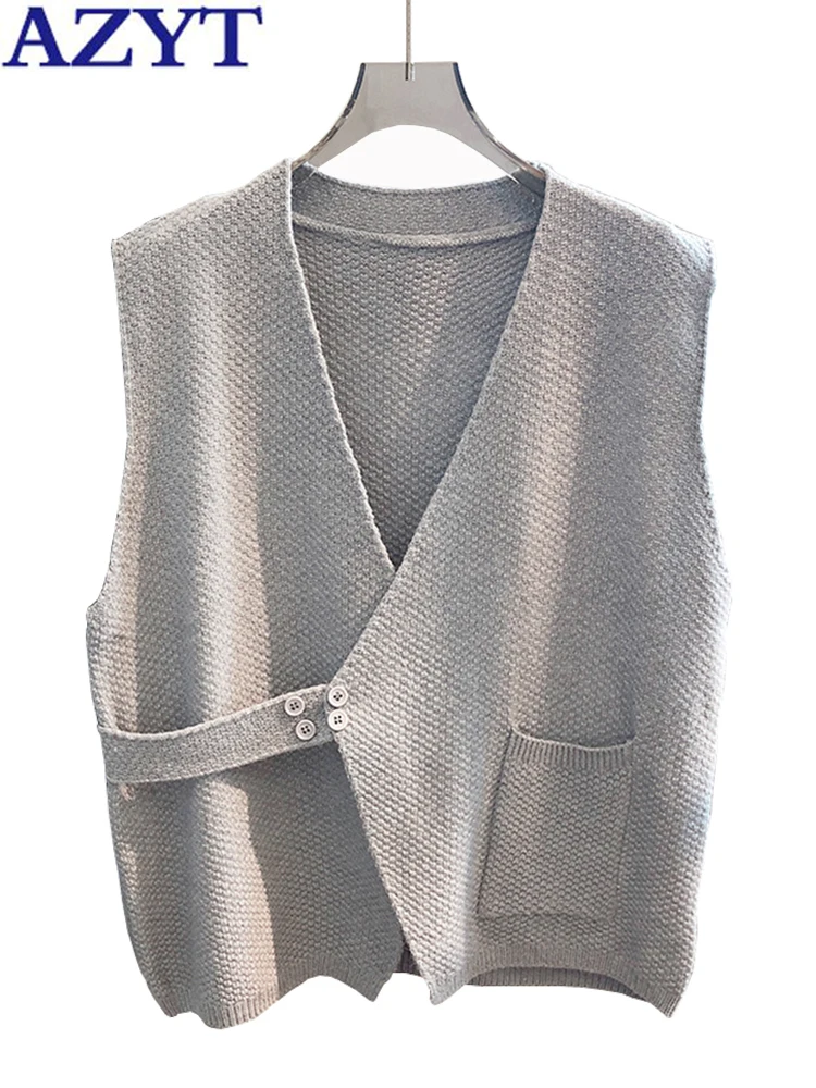 

AZYT 2022 Autumn V Neck Sweater Vest Women All Match Casual Knit Sleeveless Jackets Female Solid Color Knitwear Women Vest