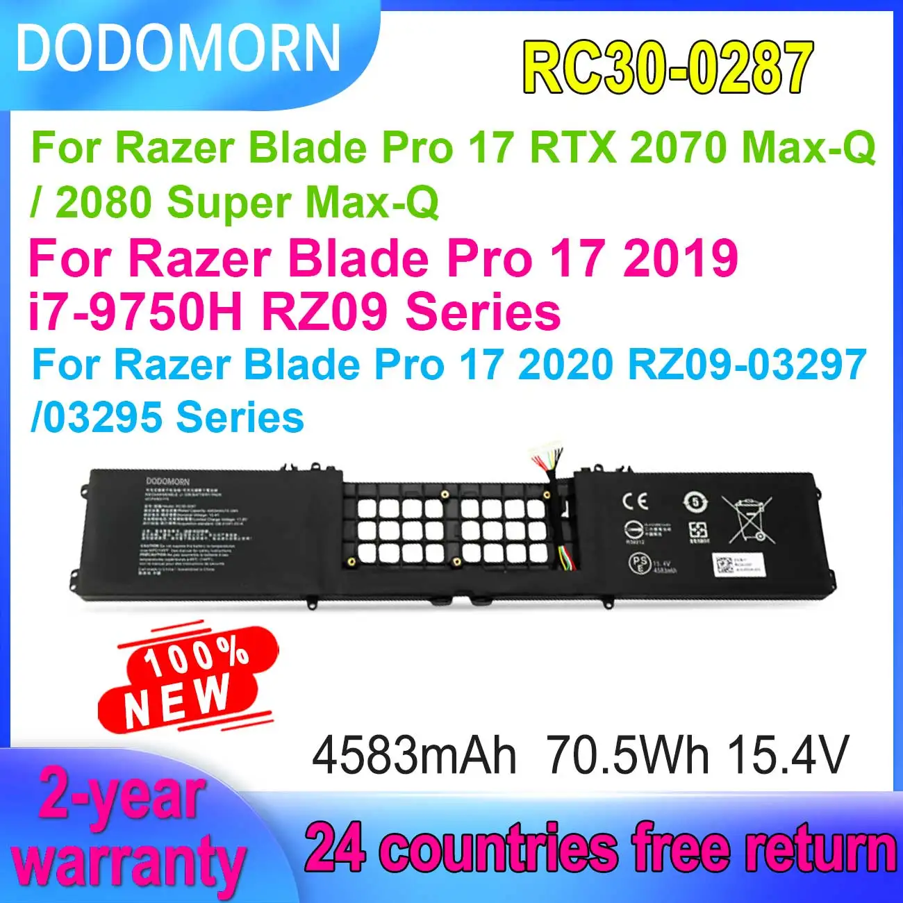 

Аккумулятор DODOMORN для ноутбука Razer Blade Pro 17, 2019, 2020, RC30-0287 RTX 2070 Max-Q 15,4 в, Вт/ч